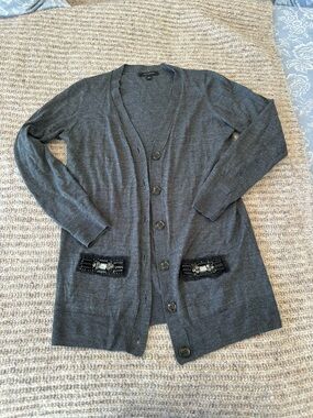 Ann Taylor Gray Beaded Pocket Long Cardigan Sweater - Women